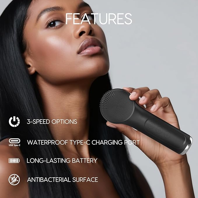 Silicone Facial Cleansing Brush, Portable Electric Face Scrubber with Heat and Vibration, 3 Modes Adjustable, Waterproof IPX6, USB-C Rechargeable, Deep Cleansing, Exfoliating and Massage（Black）