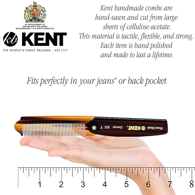 Kent 82T Handmade Folding Pocket Comb for Men, Fine Tooth Hair Comb Straightener for Everyday Grooming Styling Hair, Beard or Mustache, Use Dry or with Balms, Saw Cut Hand Polished, Made in England