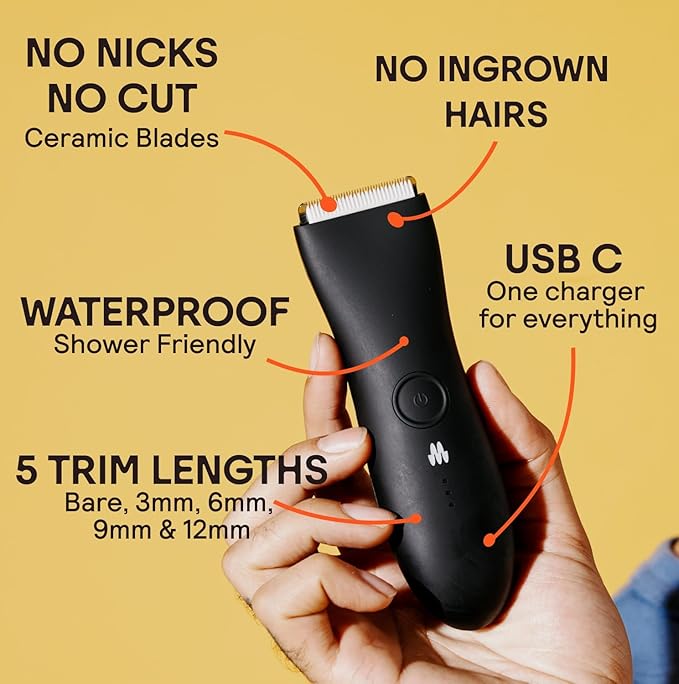 MERIDIAN The Trimmer Original - Body Hair Trimmer for Men, Electric Shaver for Pubic Hair, Chest, Legs & Bikini, Waterproof & Rechargeable, Onyx