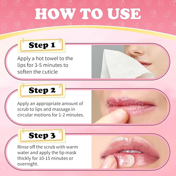 4PCS Lip Scrub and Mask Set,Cherry and Honey Pot Lip Balm,Strawberry and Watermelon Lip Exfoliator Scrub and Moisturizer,Repair Lips Sleeping Mask,Reduce Fine Lines Lips Care Set