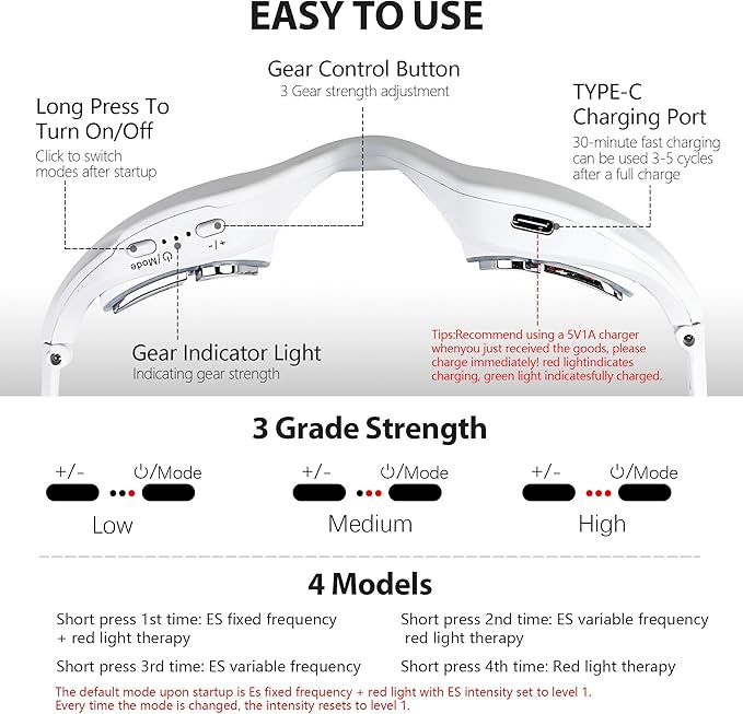 Under Eyes Red Light Therapy Glasses, Microcurrent Eye Face Massager Red Light Beauty Device with 4 Modes, Relieve Dark Circle, Eye Bag and Wrinkle Treatment Device