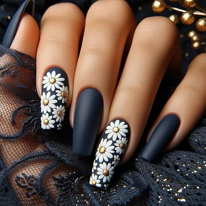 White Daisy Press on Nails Long Ballet Shaped Dark Blue Acrylic False Nail Full Cover Glossy Flower Stick on Nail Daisy Floral Pattern Design Artificial Fingernails 24Pcs DIY Glue on Nails for Women