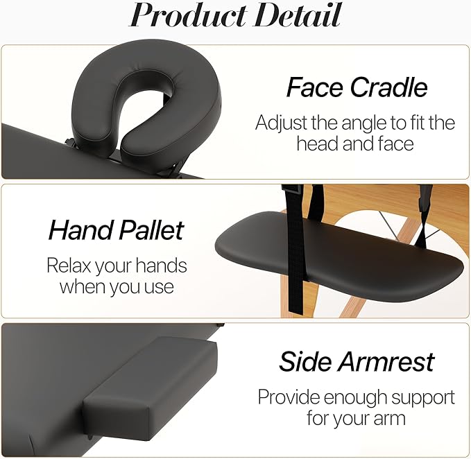 Massage Table, Portable 2 Section Foldable Tattoo Bed, Height Adjustable Lash Spa Bed with Face Cradle, Home Light Weight Facial Salon Bed with Wood Frame, Black