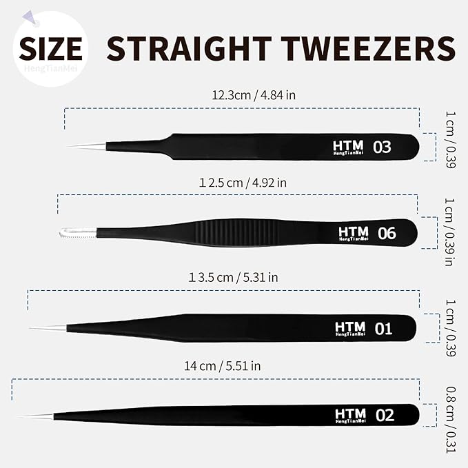 HengTianMei 7Pcs Precision Micro Tweezers Set, Anti-Static Stainless Steel, 3 Sharp Pointed Tweezers, 2 Curved Tweezer, 2 Serrated Tweezer for Eyelash Extensions, Craft, Jewelry, Soldering,Electronics