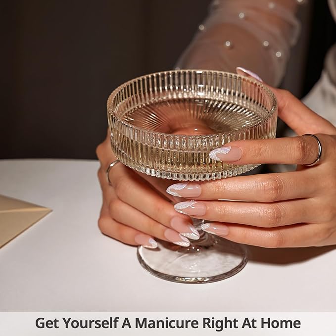 BTArtbox French Tip Press On Nails - Lamp-Curable 3D Sculpting Medium Almond Press On Nails with Glue for Women, Semi-Transparent Soft Gel Glue On Nails in 15 Sizes - 30 Stick On Nails Kit, Starlet