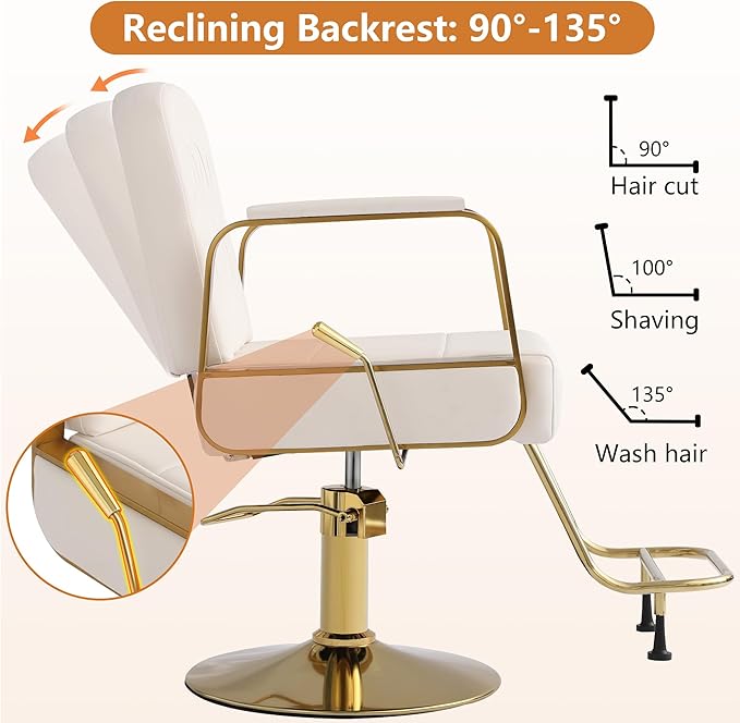 Barber Salon Chair for Hair Sylist, Hydraulic Salon Chairs, Height Adjustable Barber Chairs, Reclining Barber Styling Chairs, 360 Degrees Rotation Shampoo Chair for Barbershop (White)