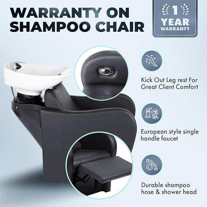 Buy-Rite Lexus Backwash Unit - Professional Salon Shampoo Chair with Tilting White Porcelain Bowl, Kick-Out Leg Rest, Extra Wide Seat & Single-Handle Faucet, Black Chair, TS-8018B