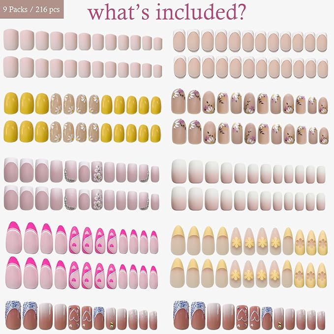 9 Packs (216 Pcs) Press-on Nails - Pink Gradient, Short French Tip, Almond, Glue-on Nails - 12 Sizes, 9 Styles