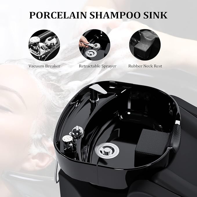 OmySalon Shampoo Backwash Unit with Large Porcelain Bowl, Salon Sink Hair Wash Chair Shampoo Station, Barbershop Beauty Spa Massage Hairdressing Equipment