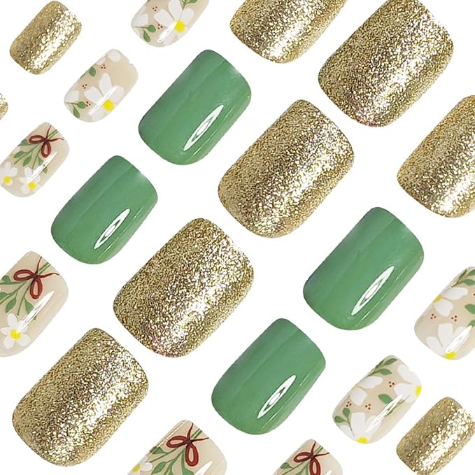 24Pcs Spring Press on Nails Short Square Fake Nails Bow Flower Glue on Nails Green Glossy Full Cover False Nails Glitter Gold Artificial Stick on Nails Coffin Acrylic Nails Kit for Women Nail Supplies