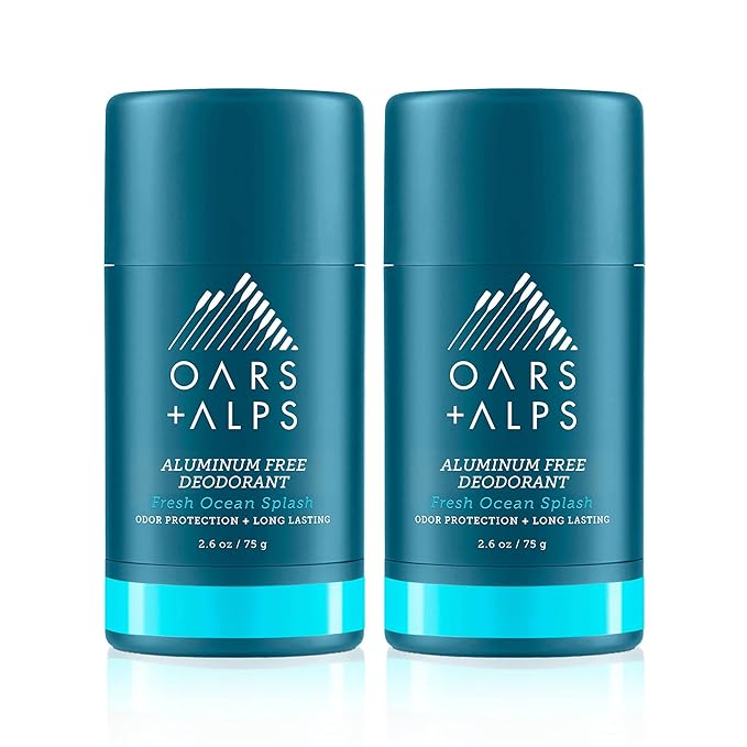 Oars + Alps Deodorant for Men & Women, Aluminum Free Deodorant for Men, Dermatologist Tested, Clean Ingredients, Non Toxic, Vegan, Long Lasting, Odor Protection, Fresh Ocean Splash, 2pk, 2.6oz
