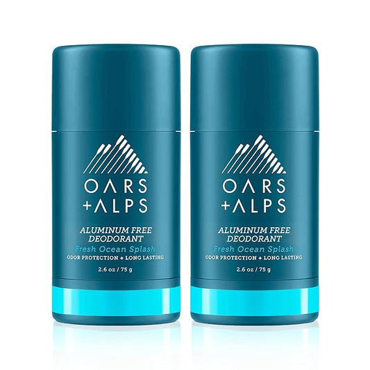 Oars + Alps Deodorant for Men & Women, Aluminum Free Deodorant for Men, Dermatologist Tested, Clean Ingredients, Non Toxic, Vegan, Long Lasting, Odor Protection, Fresh Ocean Splash, 2pk, 2.6oz