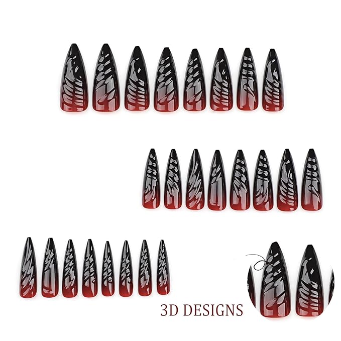 IMRAIN Press on Nails Long Stiletto Fake Nails Black Red Gradient 3D Wave Full Cover Glossy Gel Acrylic Halloween False Nails Y2K Glue Stick on Nails for Women 24Pcs
