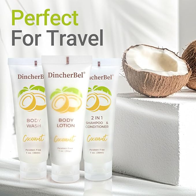Travel Size Toiletries Kits, Bulk Mini Hotel Guest Amenities (Tropical Coconut, 1oz each), 3-Piece Sets Refreshing Coconut Scent - 50 Shampoo & Conditioner 2 in 1, 50 Body Wash and 50 Body Lotion