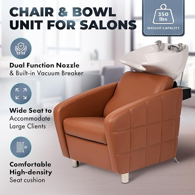 Buy-Rite Icon Shampoo Backwash Unit for Salons & Barbers, Extra Wide Seat, Tilting Porcelain Sink, Lumbar Support, Camel Vinyl Upholstery, YLG-192-BW, White Bowl