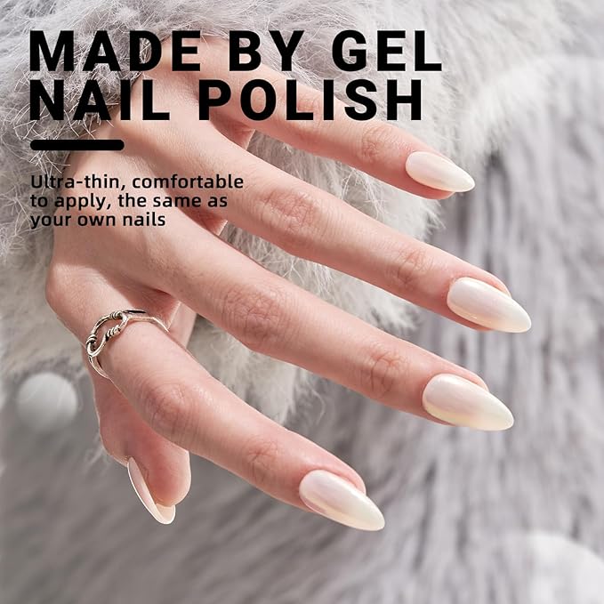 Wooyas Press on Nails Almond, Beige Magic Mirror Effect Fake Nails, White Medium Handmade Reflective Mirror Aurora Nails by Professional Manicurist, 24 Nail Kit with Jelly Glue Pad Daily Office Wear