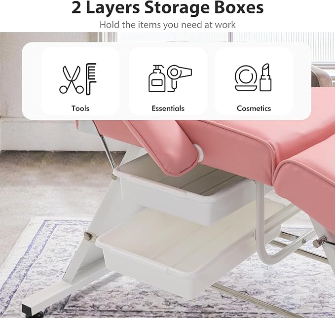 Tattoo Chair Facial Bed with Two Trays Esthetician Bed Adjustable Folding Salon Bed with Hydraulic Stool Massage Bed for Professional Massage Facial Lash Beauty Treatment Spa Pink