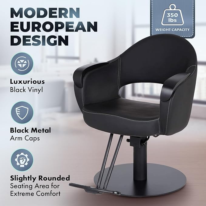 Buy-Rite Luna Noir Styling Chair – Professional Salon & Barber Chair with Mid-Century Design, Stitch Pattern, Black Metal Arms, Hydraulic Base, Easy-Clean Vinyl, YLG-356-BLK (Black Flat Round Base).