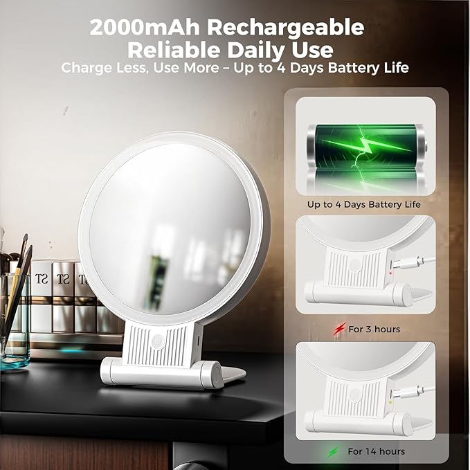 1X/30X Lighted Makeup Mirror with Magnification, Double-Sided Switch, 3-Color Lights, 2000mAh Rechargeable, Adjustable Brightness, Makeup Mirror with Lights for Vanity Table or Bathroom