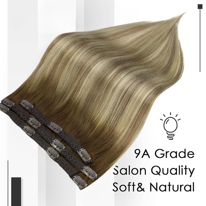 Full Shine Remy Hair Extensions Clip in Short 3 Pcs 60 G Balayage Walnut Brown to Ash Brown Mix Light Blonde Real Hair Clip in Extensions 14 Inch