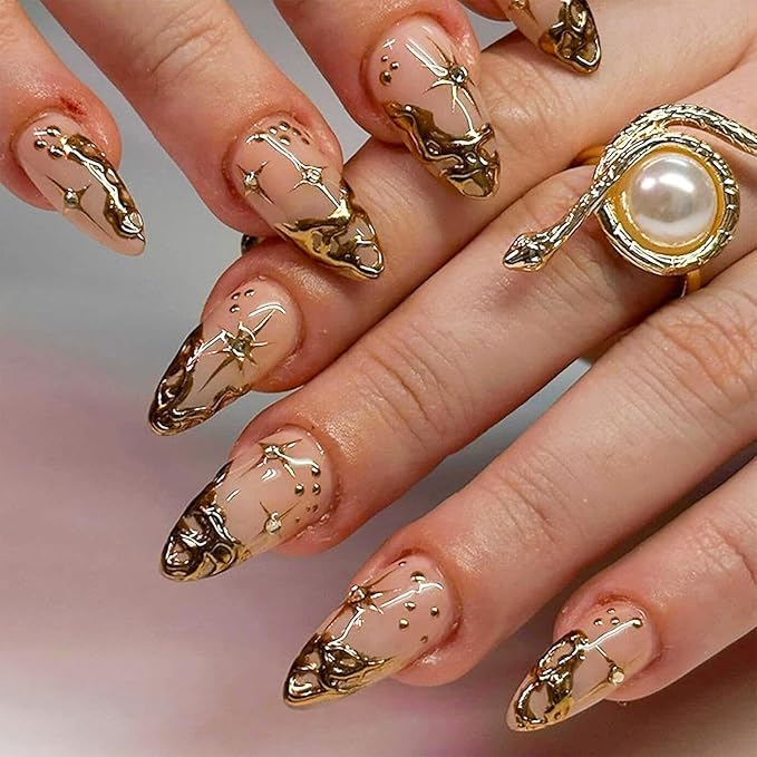 Gold Fake Nails Short Almond Press on Nails French Tip False Nails 3D Gold Irregularity Chrome Design Star Glue on Artificial Acrylic Nails for Women Manicure Art 24Pcs