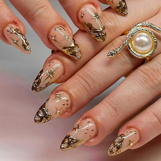 Gold Fake Nails Short Almond Press on Nails French Tip False Nails 3D Gold Irregularity Chrome Design Star Glue on Artificial Acrylic Nails for Women Manicure Art 24Pcs