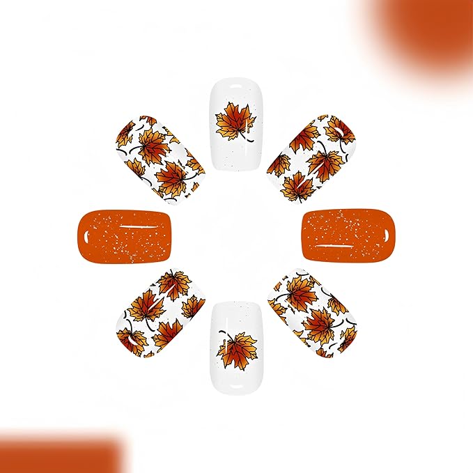 24Pcs Fall Press on Nails Medium Square Fake Nails with Maple Leaf Glitter Designs Orange Acrylic Nails Glossy Autumn Stick on Nails Glue on Nails Thanksgiving Nail Press ons for Women Manicure