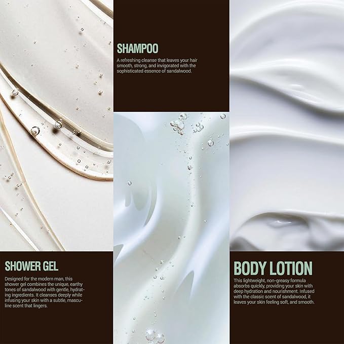 Sandalwood Men's Bath & Body Set - Shower Gel, Body Lotion, Shampoo - Self Care Gifts for Men