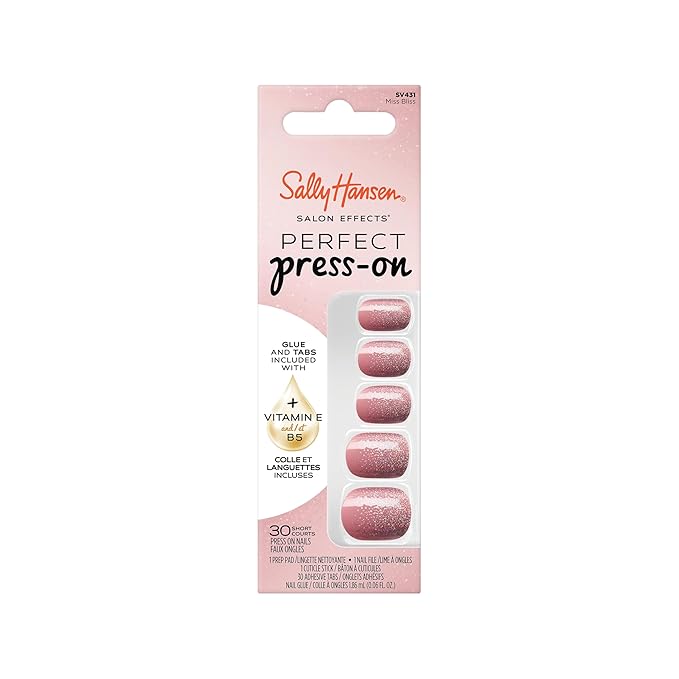 Sally Hansen Salon Effects Perfect Press-On Nails | Sq-oval Shape | Easy to Apply, Non-Damaging | 30 Nails, Nail Glue, Adhesive Tabs, File | Miss Bliss