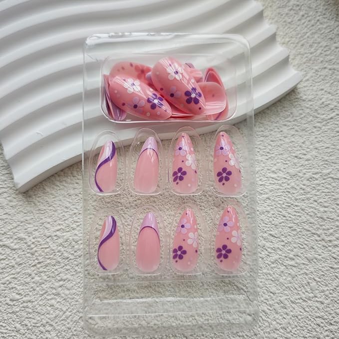 Floral Press on Nails Almond Shape Fake Nails Purple with Wave Curve Design Glossy Glue on Nails French Tip Nail Press ons Artificial Acrylic Nail Nude Stick on Nails foe Women Spring Manicure 24Pcs