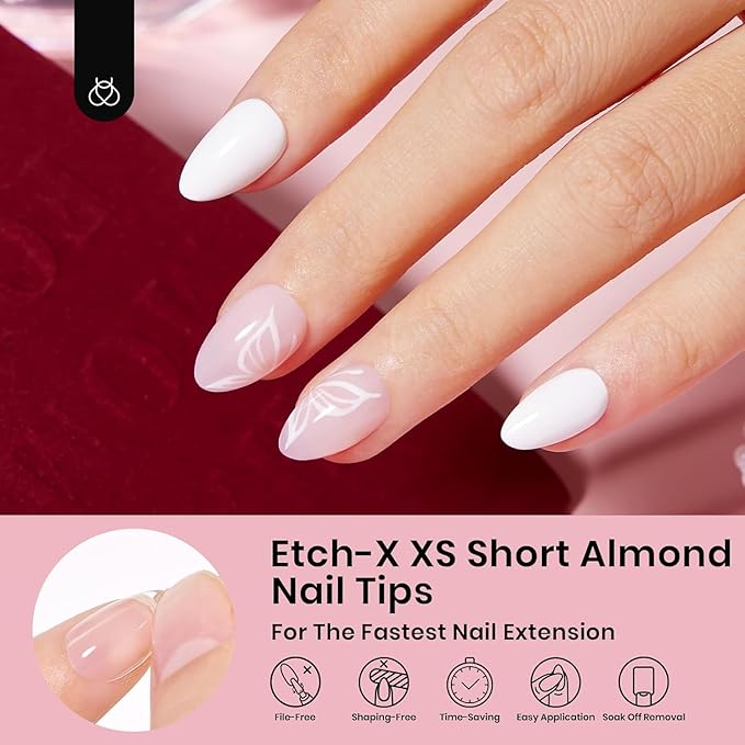 Beetles Extra Short Almond Nail Tips, 12 Sizes 288 PCS Pre-Shaped Clear Full Cover Etch Gel Nail Tips Clear Acrylic Press on Nails Extension for Girls Women Nail Art Design, Nail Glue Needed