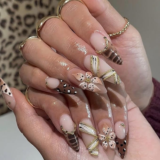 Long Almond Press on Nails Glossy Fake Nails Nude Leopard Print with Floral Gold Chain False Nail Stick on Nail for Women 24pcs