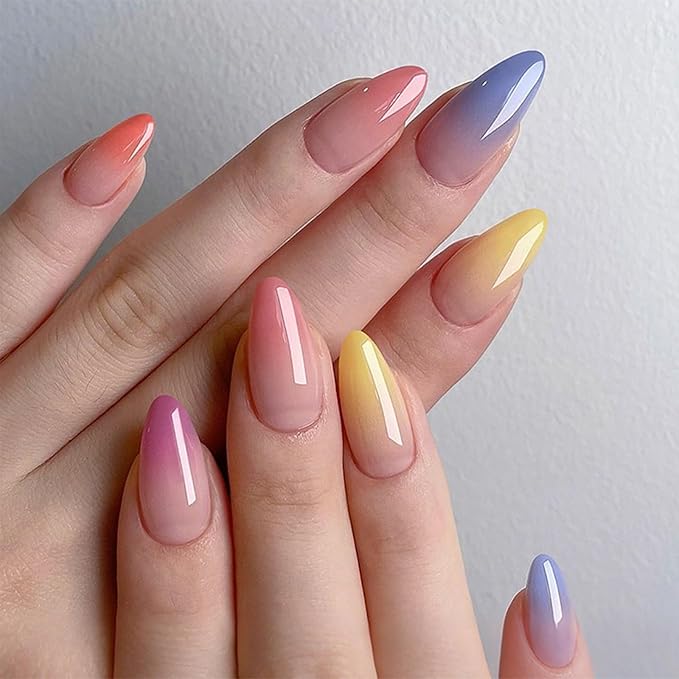 IMRAIN Rainbow Press on Nails Medium Almond Fake Nails Colorful Gradient False Nails with Designs Summer Glossy Glue on Nails Full Cover Acrylic Nail Supplies 24Pcs Stick on Nails