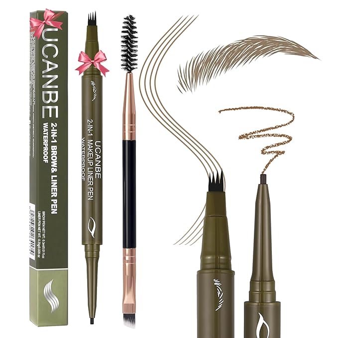 UCANBE Eyebrow Pencils for Women with Spoolie Brush, Dual-Ended Eyebrow Pen with 4-Fork-Tip & Gel Eyeliner, Microblading Brow Pen with Eyeliner Pencil + Brow Brush for Hair Like Brows, Light Brown
