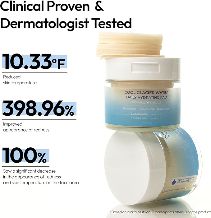 FreeGo Cool Glacier Water Daily Hydrating Pad (100 Pads), K-Beauty Facial Toner Pads for Puffy Dehydrated Skin, Instant Cooling Hydration