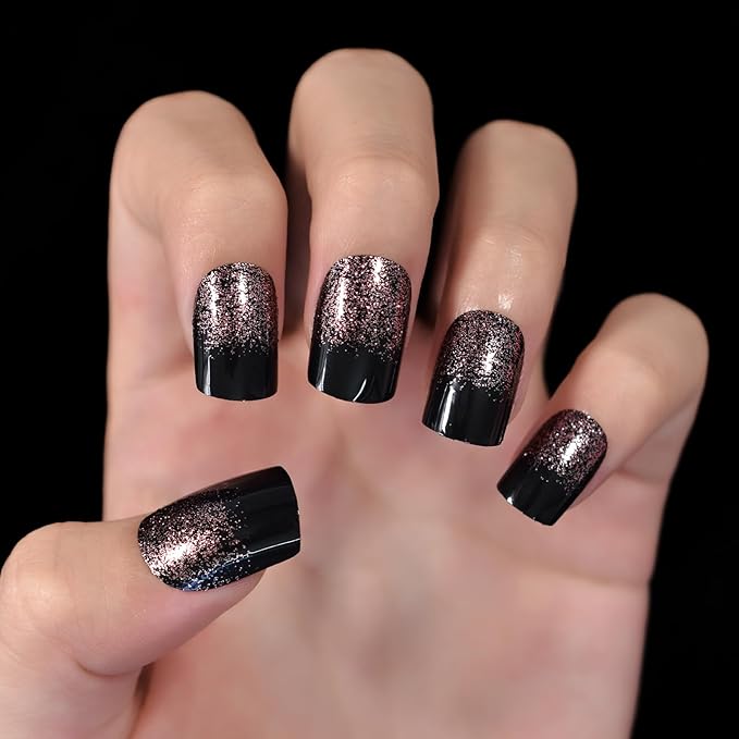 Black Light Coffee Brown Glitter French Press on False Nail Medium Short Square Shimmer Fake Nails Tips Salon Manicure Reusable DIY Fake Artificial Nails Art for Women Girls