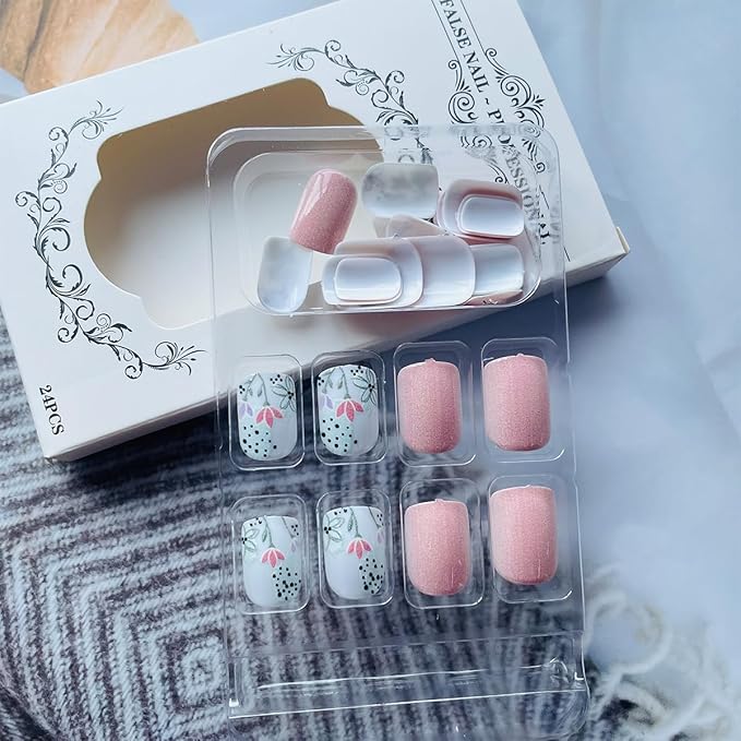 Square Press on Nails Short Fake Nails Full Cover Glossy Acrylic Nails with Designs Natural Nude False Nails Spring Flower Stick on Nails Reusable Pink Glue on Nails for Women DIY Manicure