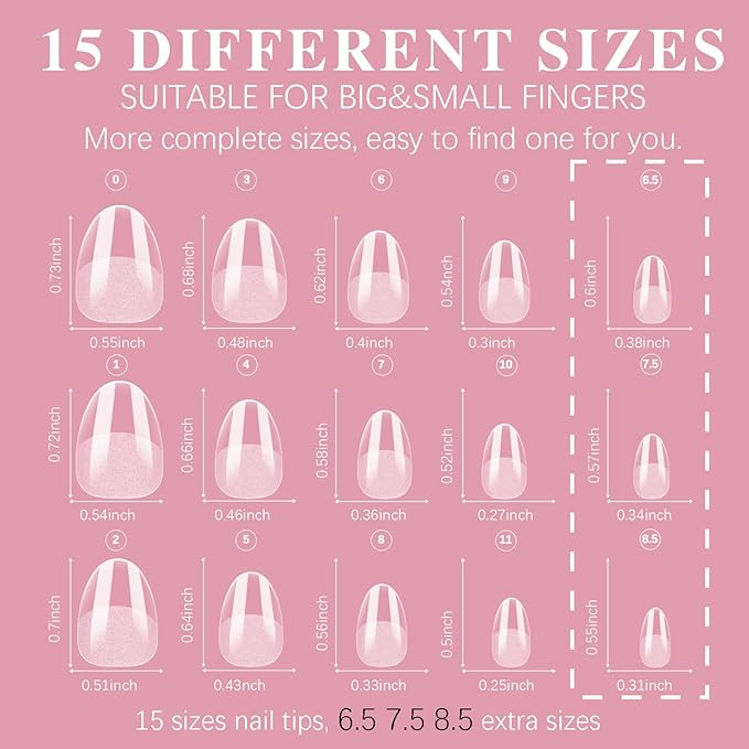 Extra Short Almond Nail Tips, SSWSBYKE 300pcs 15 Sizes Gel Acrylic Nail Tips for Full Cover Pre-Shaped Fake Nails Tips Half Matte Press On Nails for Extension Home DIY Salon