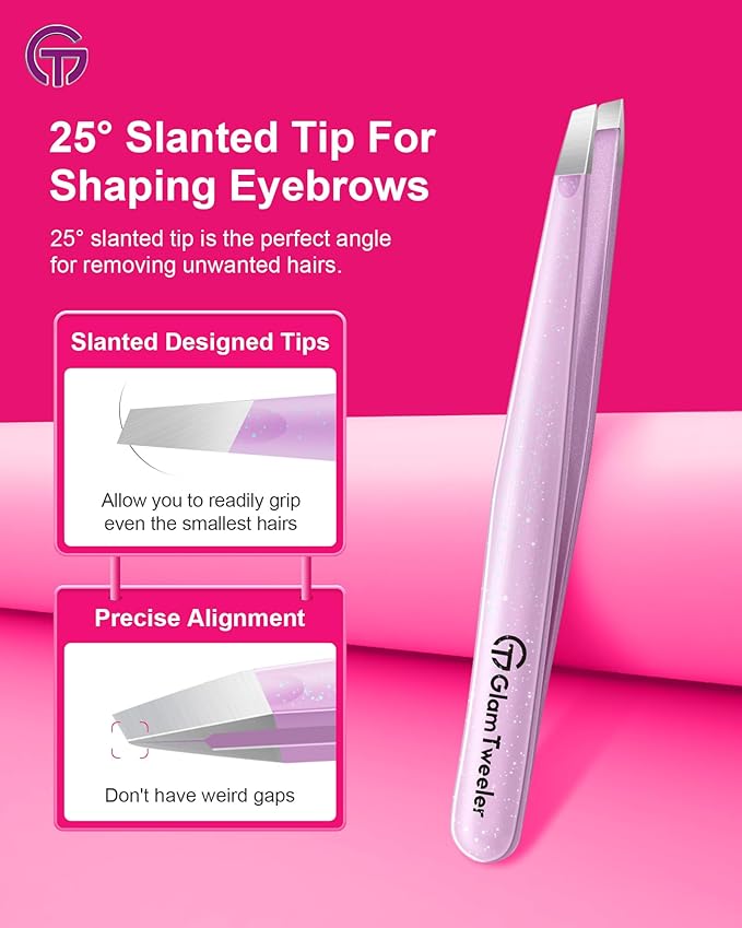 Expert Slant and Point Tip Tweezer Set with Exclusive Storage & Carrying Case, GlamTweeler Sharp & Precision Tweezer Set for Eyebrows, Facial Hairs & Fine Hairs Removal (Sparkle Baby Pink + Silver)