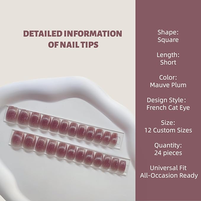 30Pcs Mauve Plum Cat Eye Press On Nails Short Square | French Fake Nails with Glue, File & Tools | Reusable Soft-Fit Nail Tips in 12 Sizes for Women