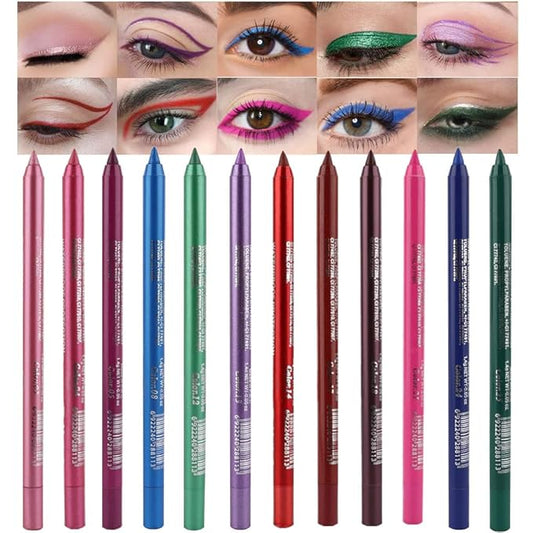 evpct 12Pcs Pink Rose Red Orange Purple Black Silver Blue Red Brown Colored Glitter Eyeliner Eye Liner Pencils Makeup Set for Women Waterproof lapiz delineadores de colores para ojos contra el agua