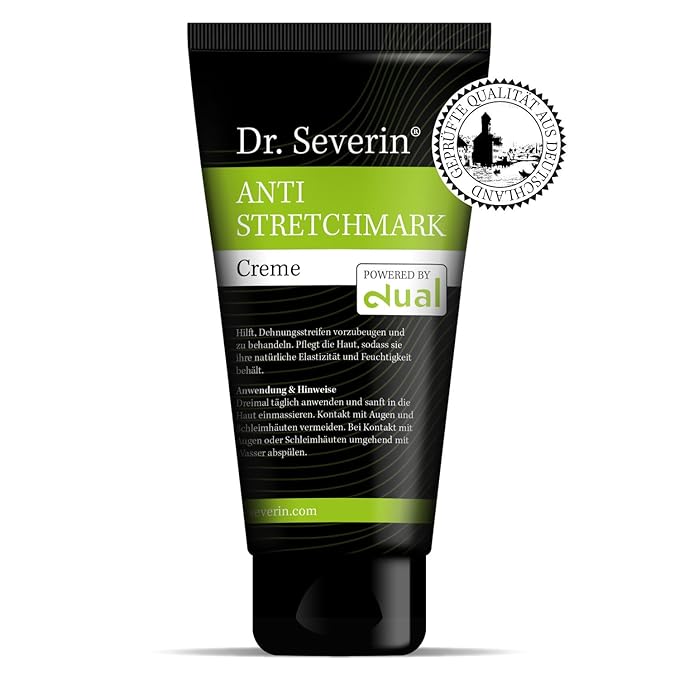 Anti-Stretch Solution: Dr. med. Severin® Stretch mark Cream powered by dual. Prevent + remove stretch marks during muscle building + pregnancy, effective ointment against stretch marks, innovative.