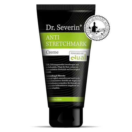 Anti-Stretch Solution: Dr. med. Severin® Stretch mark Cream powered by dual. Prevent + remove stretch marks during muscle building + pregnancy, effective ointment against stretch marks, innovative.