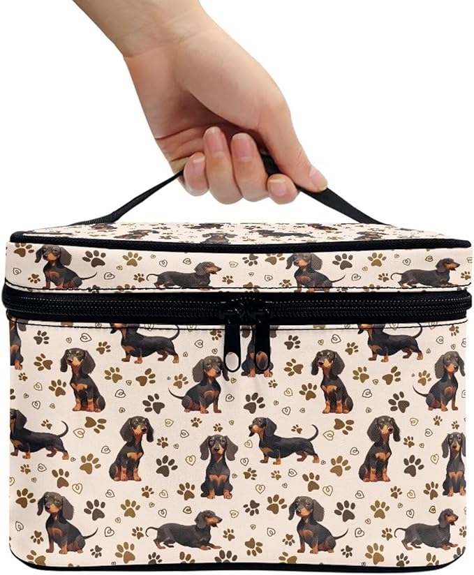 Dachshund Dog & Paws Print Travel Makeup Bags for Women Portable Tote Cosmetic Case with Carry Handle Toiletry Accessories Storage Organizer Bags, Beige