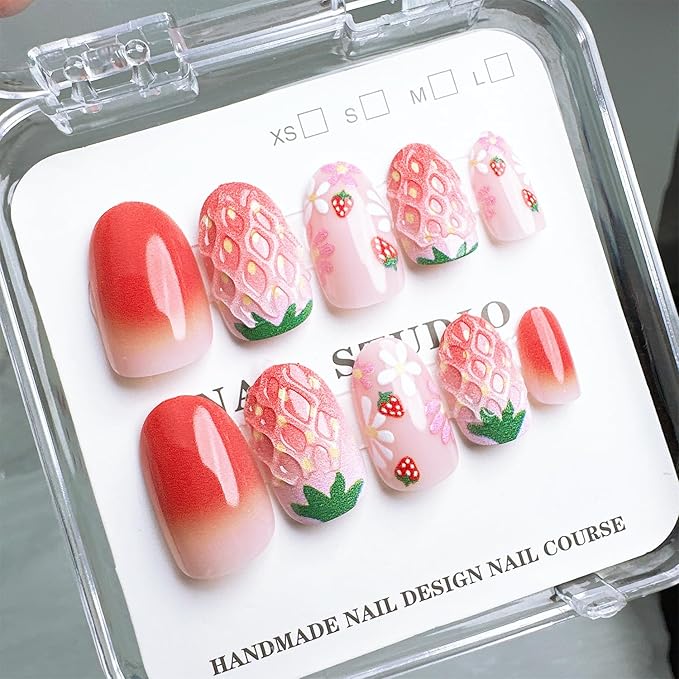 24pcs Flower Press on Nails Short Almond Fake Nails with 3D Strawberry Designs Cute Summer Fruit False Nails Kit Floral Stick on Nails Full Cover Acrylic Nails Glue on Nails for Women