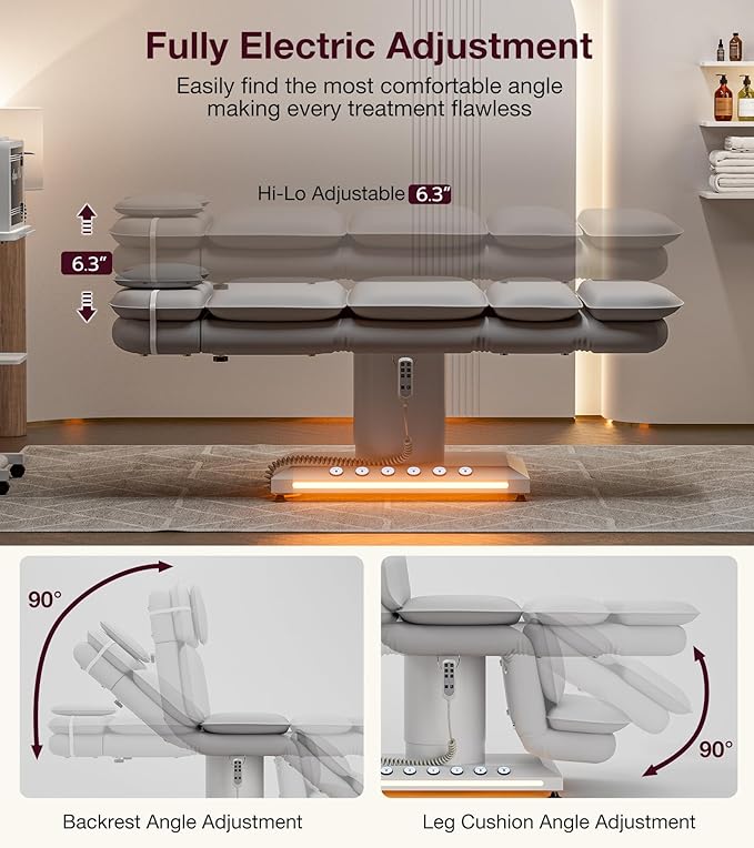 VARONXE Fully Electric Massage Table w/3 Motors, Professional Angle and Height Adjustable Spa Bed Facial Chair, Motorized Esthetician Bed Treatment Table for Beauty Salon, Stool Included, Grey