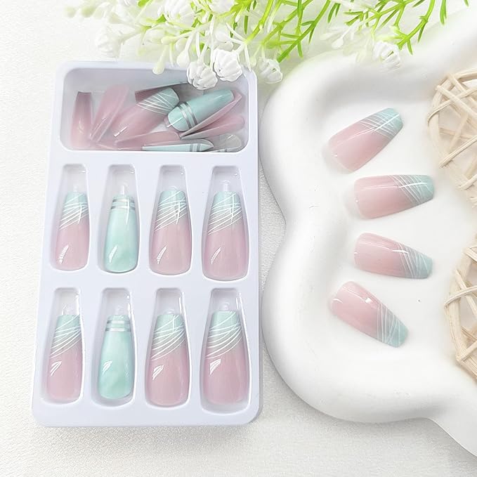 Press on Nails Coffin Medium Length Fake Nails Press ons Green French Tip Acrylic Nails White Silver Lines Glue on Nails Light Pink Full Cover Stick on Nails Artificial False Nails for Girls 24Pcs