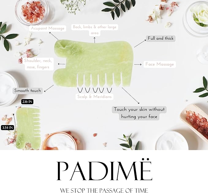 Padime 2 pcs | Set Massage 2-in-1 | Jade Gua Sha Facial Tools + Jade Comb Massage Comb | Massage + Scalp - for Labor Pain