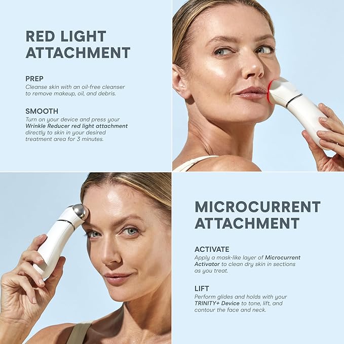 NuFACE TRINITY+ Microcurrent Facial Device + LED Red Light Wrinkle Reducer Attachment - FDA Cleared Skin Tightening Device + Microcurrent Gel Activator & Silk Creme