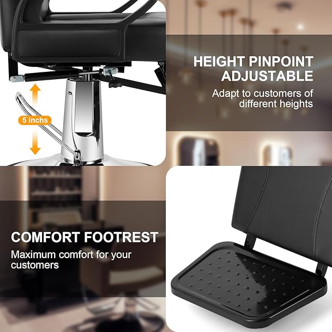 Salon Chair for Hair Stylist, 360 Degree Rotating Barber Chair with Heavy Duty Hydraulic Pump, Spa Beauty Equipment for Hair Stylists, Tattoo Artists, Cosmetologists (Black)